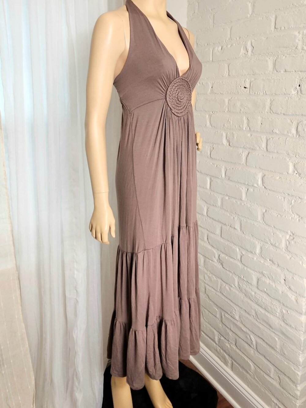 My Tribe Brown Halter Maxi Dress Size S Boho Rosette Tiered Resort Dress - Picture 3 of 11